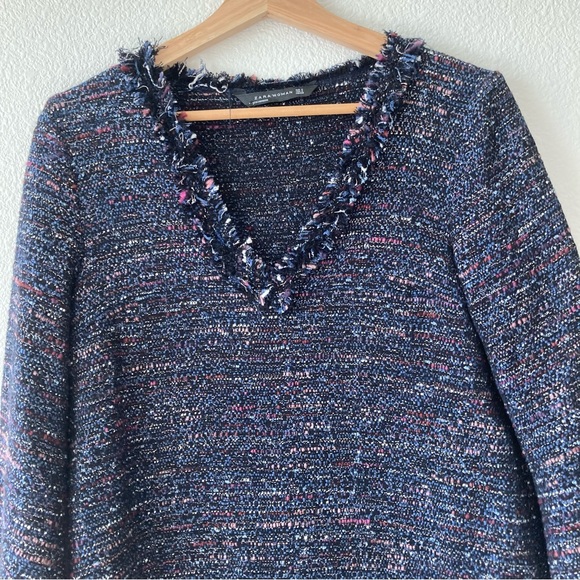 Zara Tweed Fringe Black Tunic Dress Small Bell Sleeves Deep V Neck Stich Colors - Picture 9 of 14